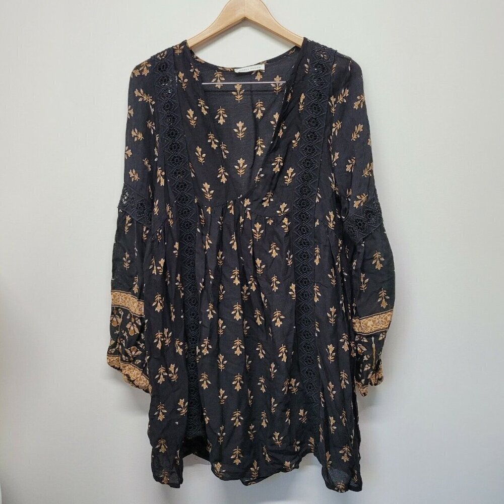 Honey Punch Black Brown Tan Floral Long Sleeve Mini Dress Size Medium Boho